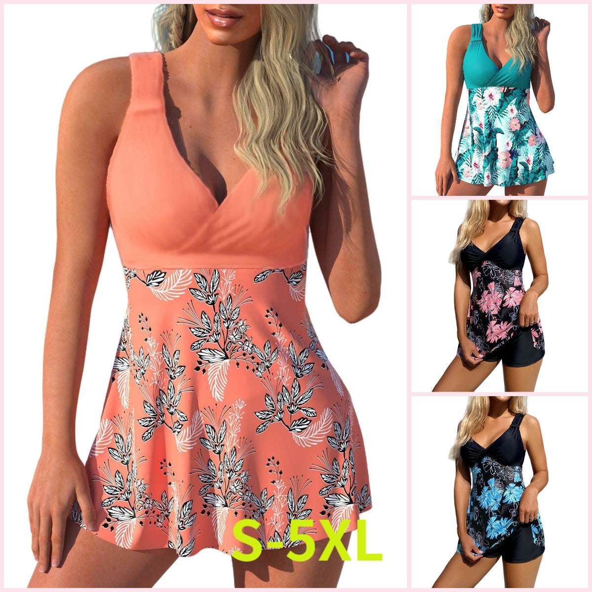 🌴🏖️🌈【50% sleva 🔥】【S-5XL】😍2025 nový set dámských plavek s potiskem větší velikosti, šortky, dělená sukně bez zad, rychleschnoucí látka