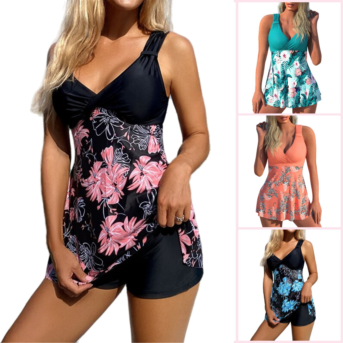 🌴🏖️🌈【50% sleva 🔥】【S-5XL】😍2025 nový set dámských plavek s potiskem větší velikosti, šortky, dělená sukně bez zad, rychleschnoucí látka