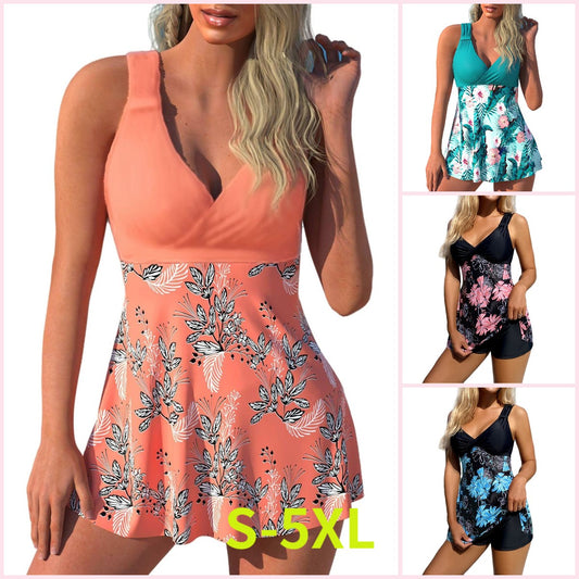 🌴🏖️🌈【50% sleva 🔥】【S-5XL】😍2025 nový set dámských plavek s potiskem větší velikosti, šortky, dělená sukně bez zad, rychleschnoucí látka